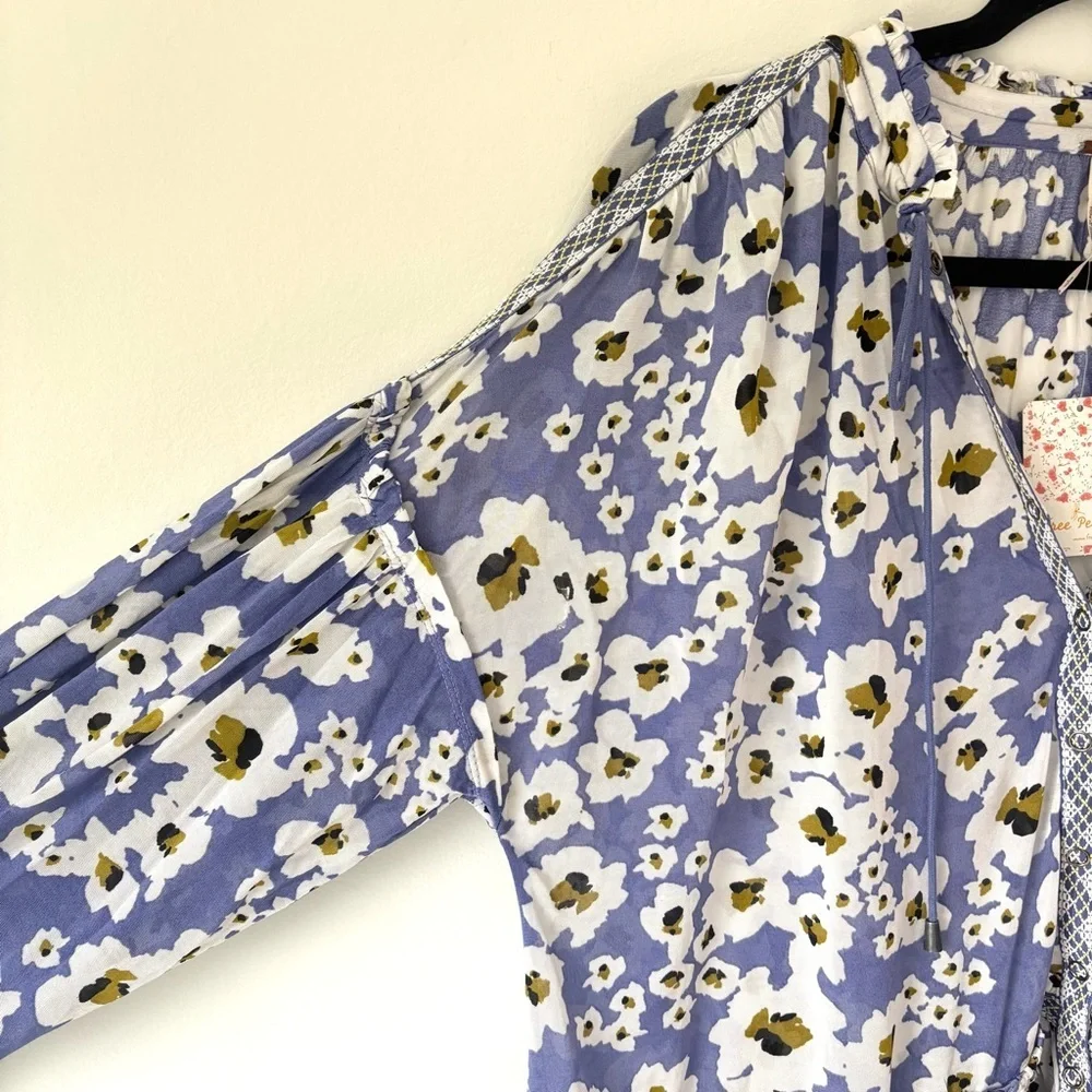 Free People Love Letter Tunic Rain Combo Blue White Floral Daisy Sheer Boho